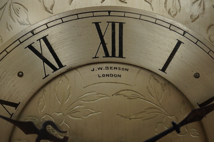 A mahogany mantel clock, retailed by J. W. Benson, c.1930, with engraved silvered dial, with key, 27cm high. Condition - good, untested